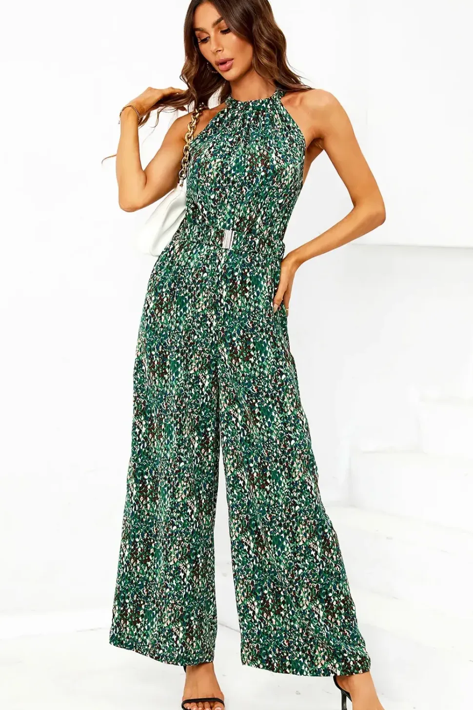 Multi Color Print Halter Neck Jumpsuit In Green