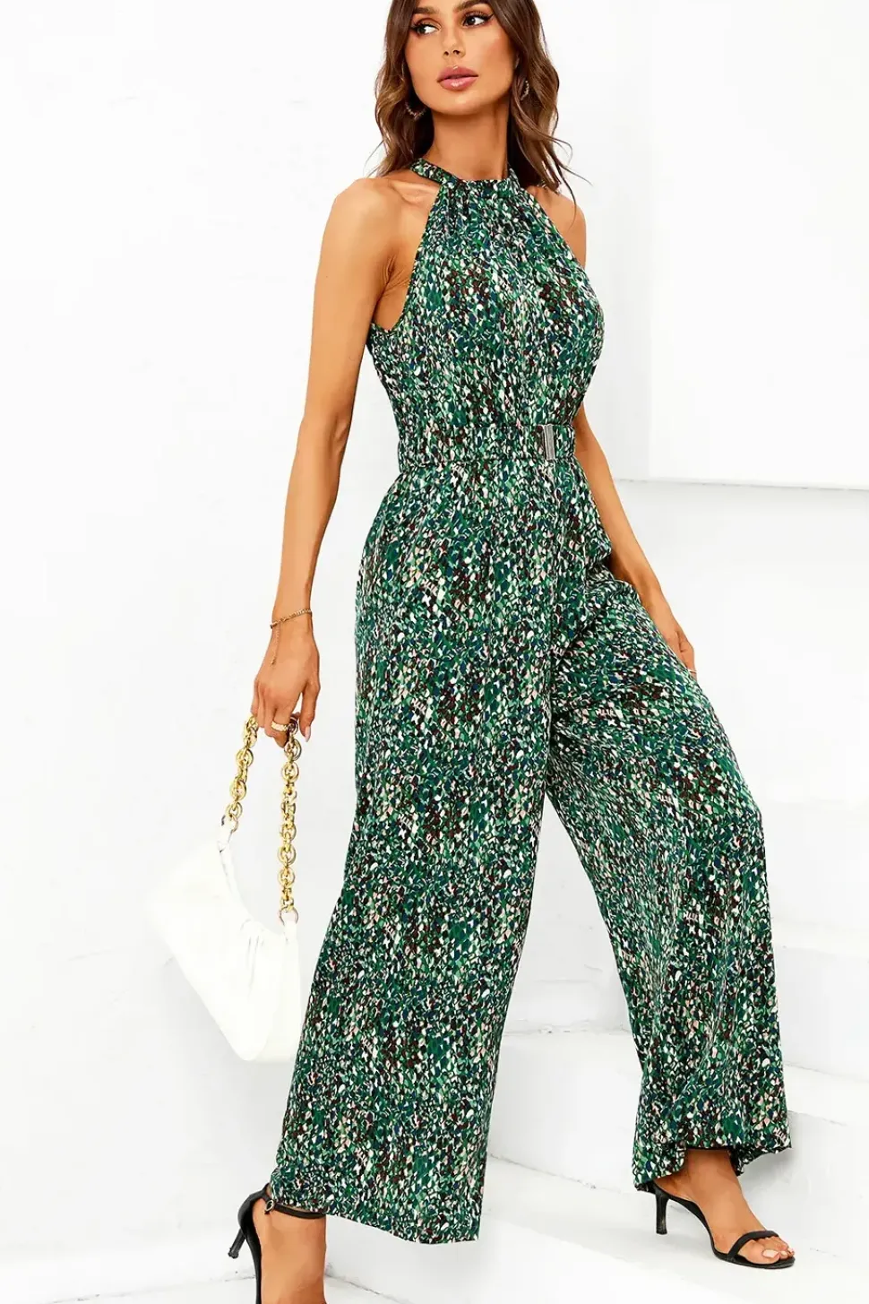 Multi Color Print Halter Neck Jumpsuit In Green