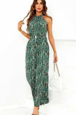 Multi Color Print Halter Neck Jumpsuit In Green
