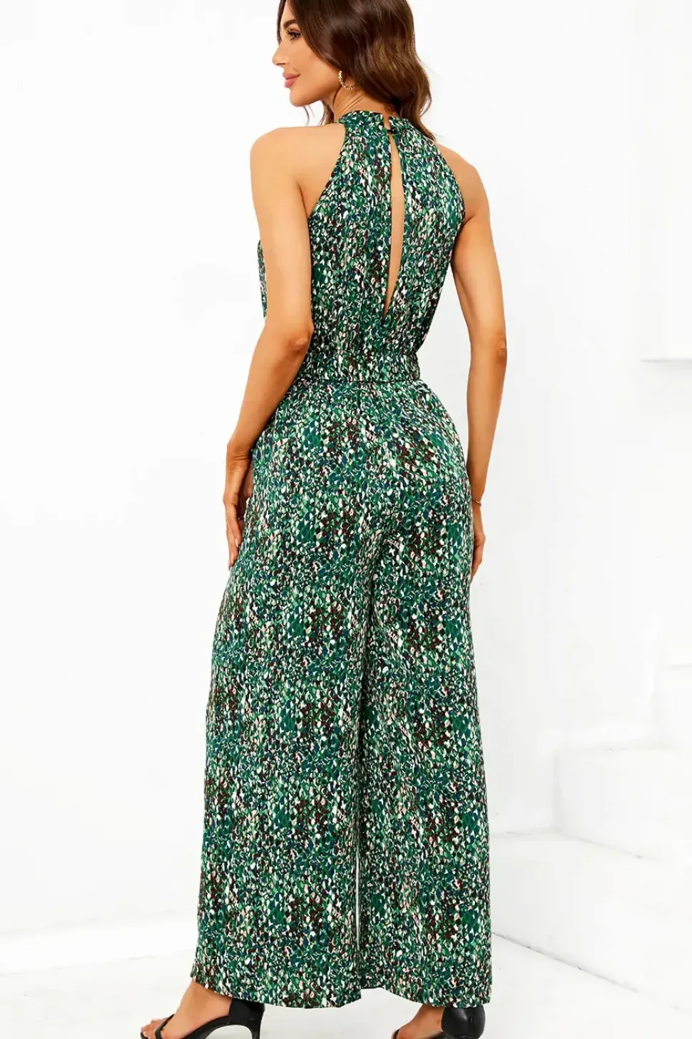 Multi Color Print Halter Neck Jumpsuit In Green