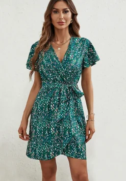 Multi Colour Abstract Floral Print Wrap Top Mini Dress In Green