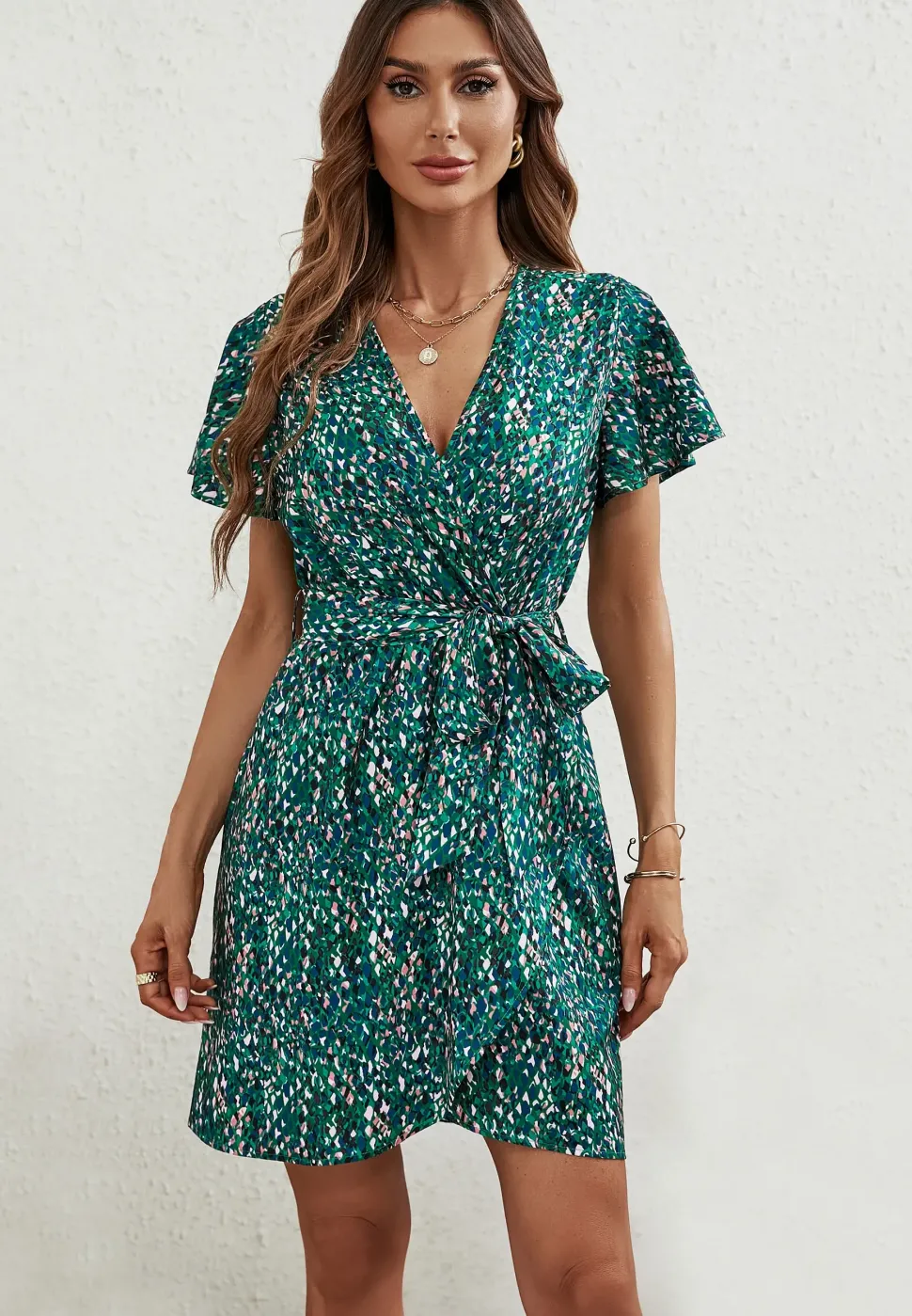 Multi Colour Abstract Floral Print Wrap Top Mini Dress In Green