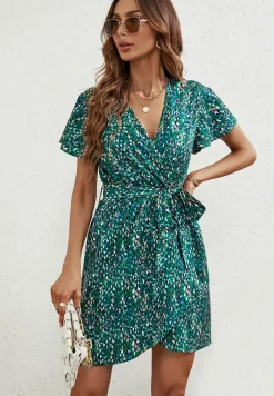 Multi Colour Abstract Floral Print Wrap Top Mini Dress In Green