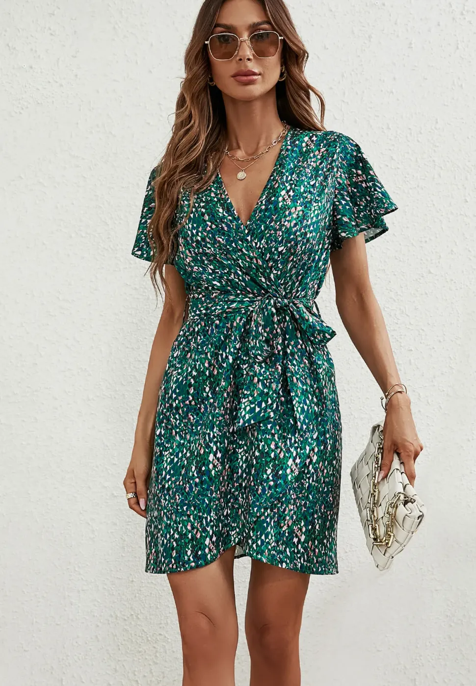 Multi Colour Abstract Floral Print Wrap Top Mini Dress In Green