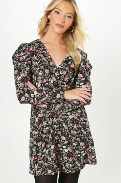 Multi Ditsy Empire Wrap Long Sleeve Mini Dress