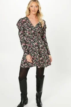 Multi Ditsy Empire Wrap Long Sleeve Mini Dress