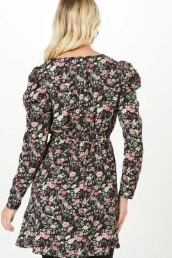 Multi Ditsy Empire Wrap Long Sleeve Mini Dress