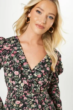 Multi Ditsy Empire Wrap Long Sleeve Mini Dress
