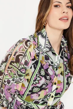 Multi Patchwork Floral Cold Shoulder Shirt Dress