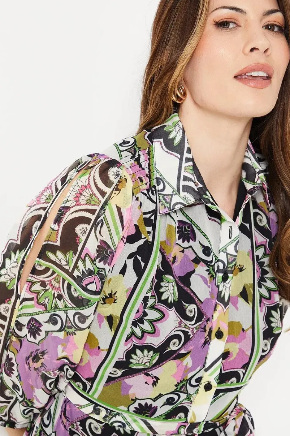 Multi Patchwork Floral Cold Shoulder Shirt Dress