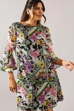 Multi Patchwork Fluted Sleeve Shift Dress