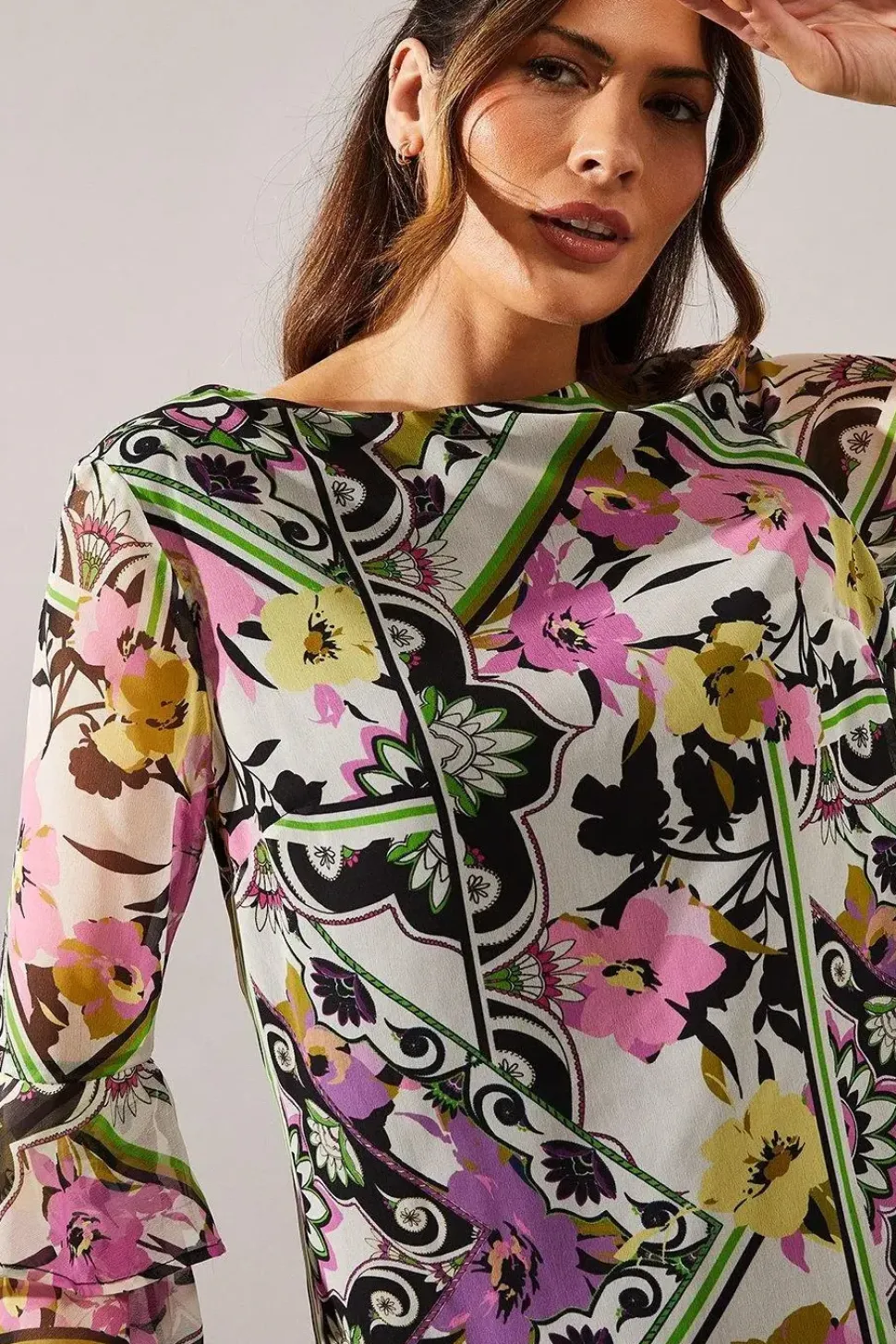 Multi Patchwork Fluted Sleeve Shift Dress