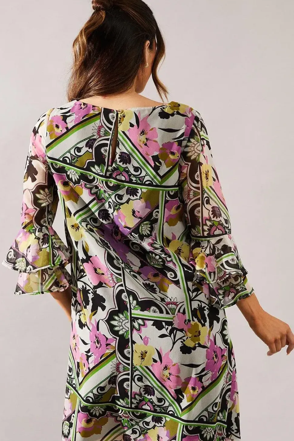 Multi Patchwork Fluted Sleeve Shift Dress