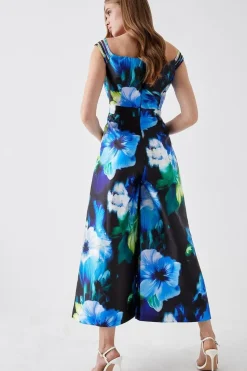 Multi Strap Mesh Insert Printed Twill Jumpsuit