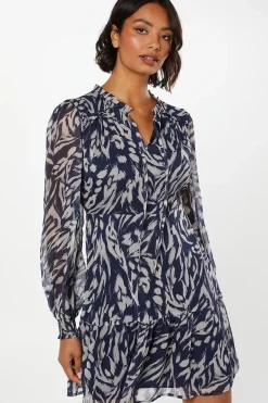 Navy Animal Chiffon Ruffle Hem Long Sleeve Mini Dress