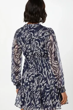 Navy Animal Chiffon Ruffle Hem Long Sleeve Mini Dress