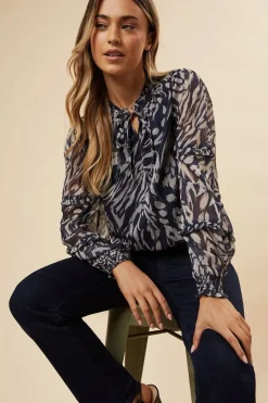 Navy Animal Chiffon Ruffle Sleeve Shirred Hem Blouse