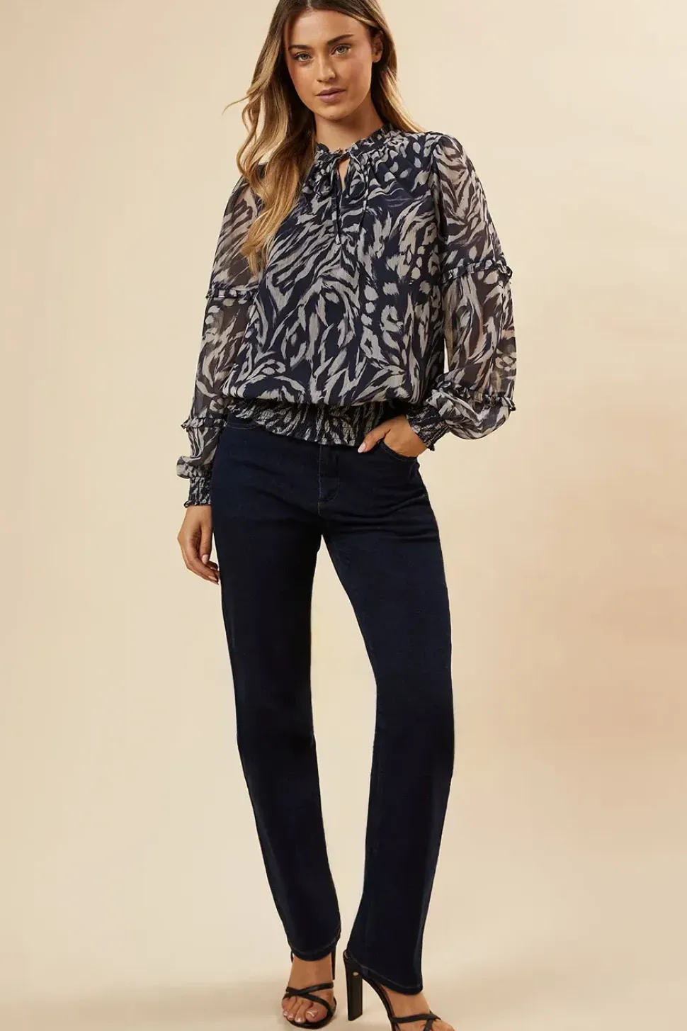 Navy Animal Chiffon Ruffle Sleeve Shirred Hem Blouse
