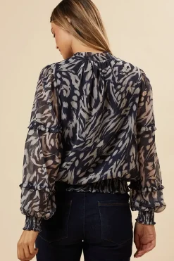 Navy Animal Chiffon Ruffle Sleeve Shirred Hem Blouse