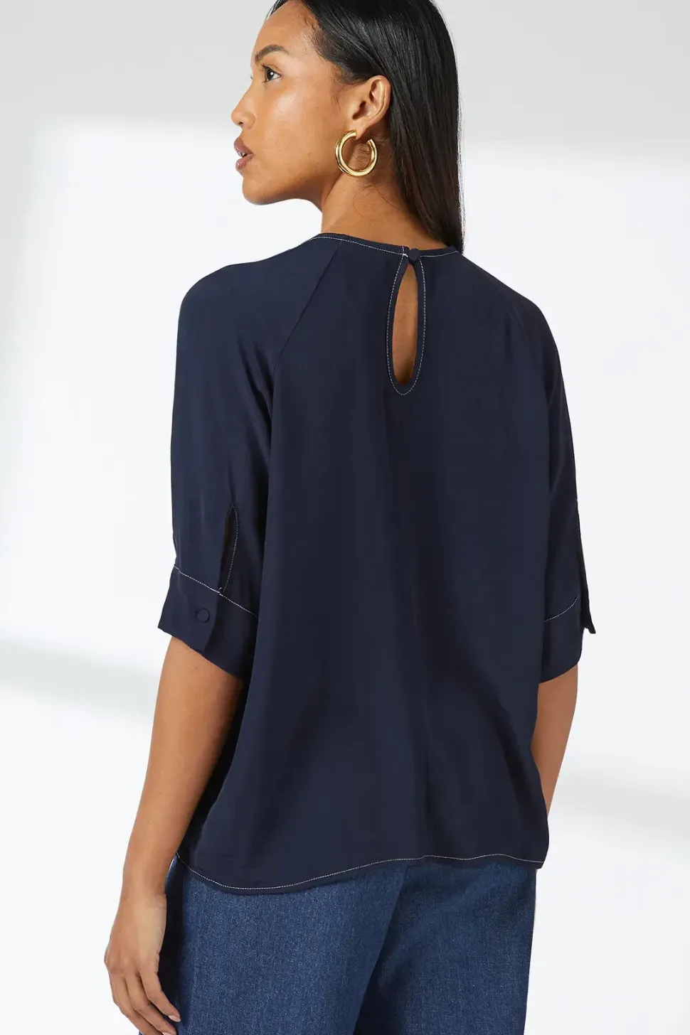 Navy Brogan Stitch Detail Top