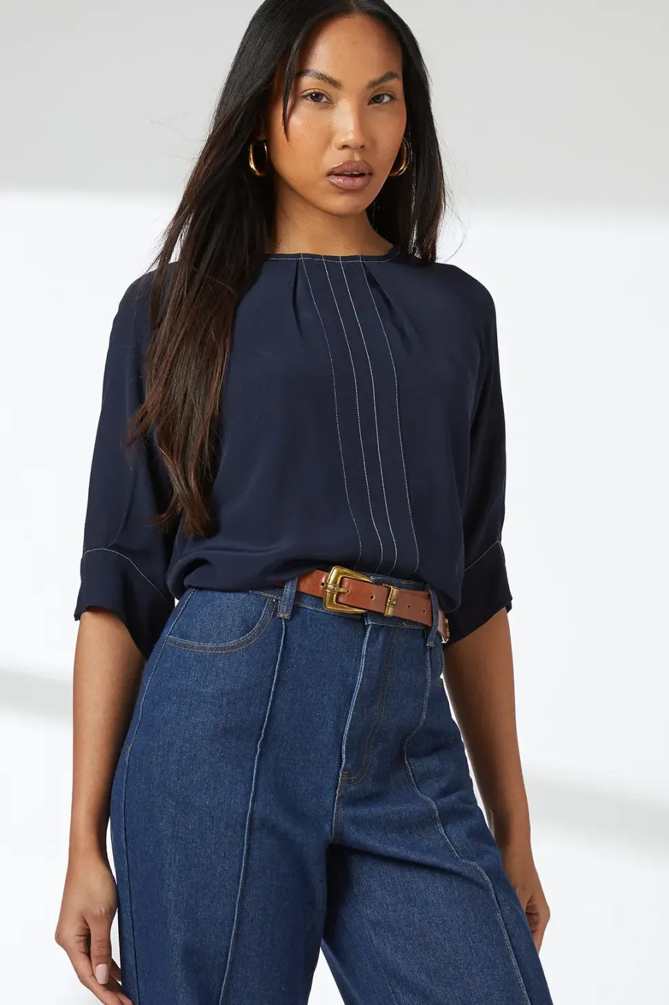 Navy Brogan Stitch Detail Top