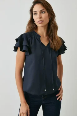 Navy Bubble Hem Flute Sleeve Top