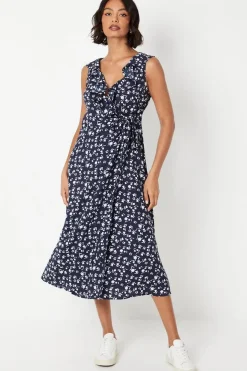 Navy Ditsy Frill Neck Detail Wrap Midi Dress