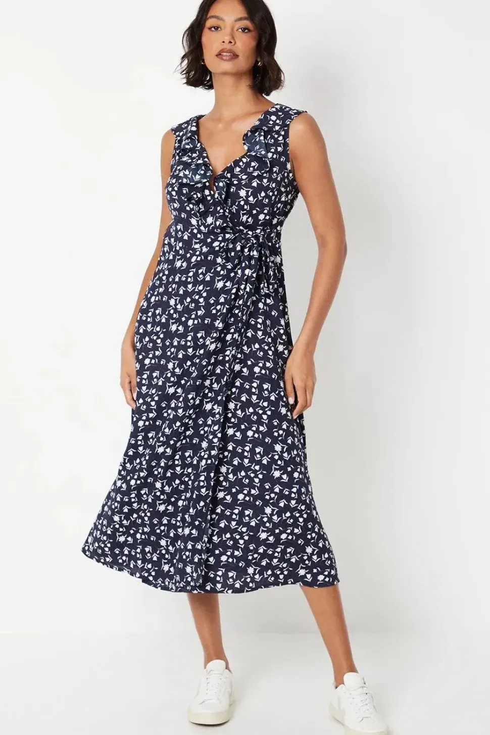 Navy Ditsy Frill Neck Detail Wrap Midi Dress