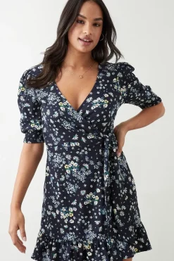 Navy Ditsy Print Wrap Mini Dress