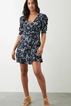 Navy Ditsy Print Wrap Mini Dress