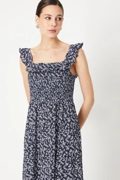 Navy Ditsy Shirred Bodice Ruffle Detail Midi Dress