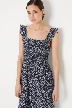 Navy Ditsy Shirred Bodice Ruffle Detail Midi Dress