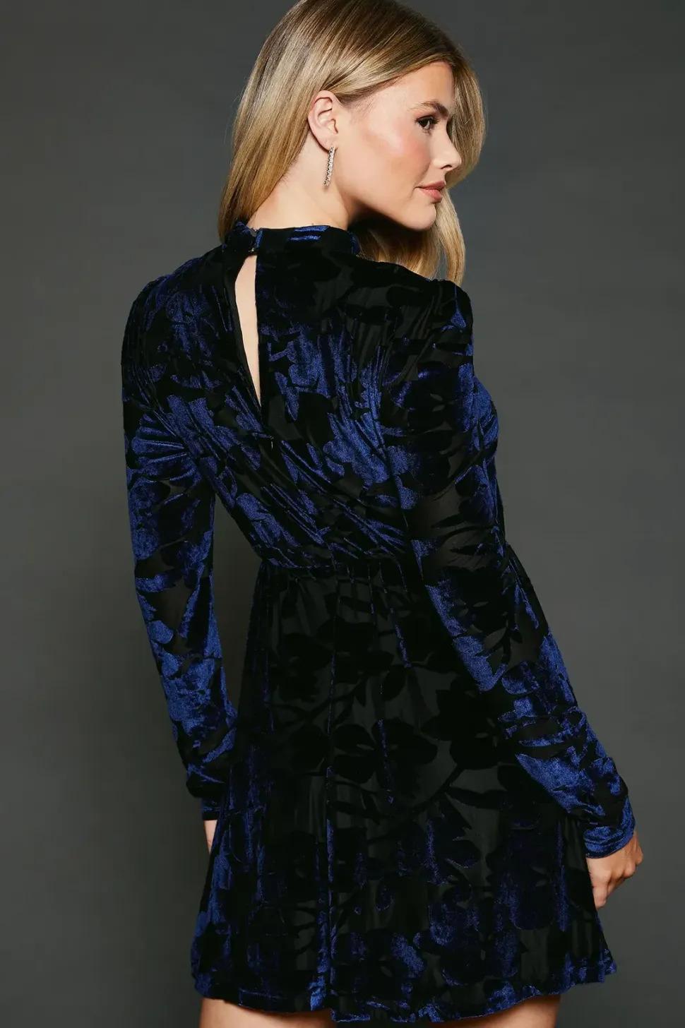 Navy Floral Devore Long Sleeve Mini Dress