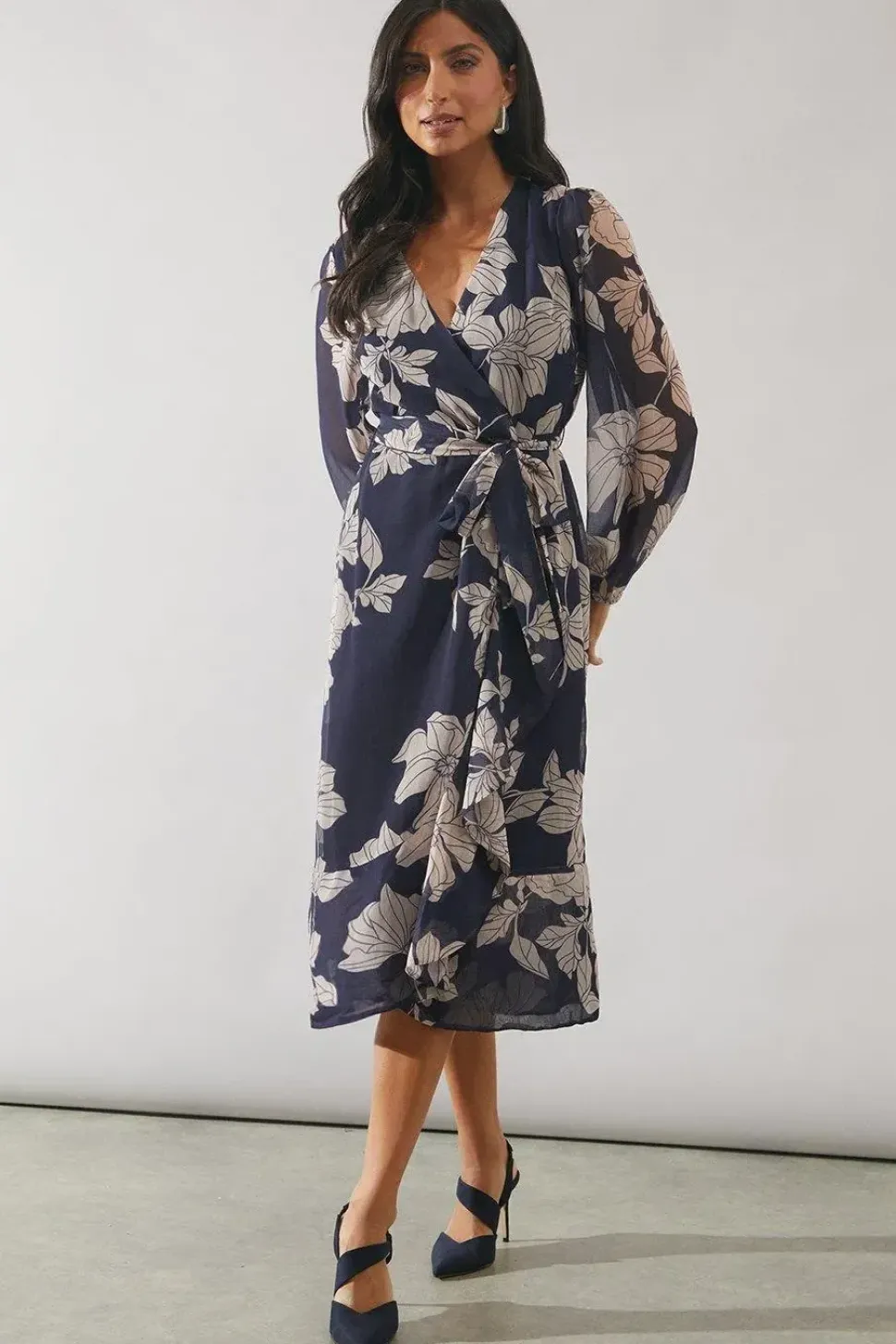 Navy Floral Long Sleeve Wrap Dress