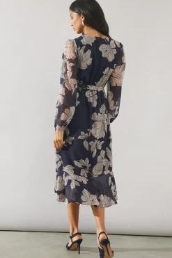 Navy Floral Long Sleeve Wrap Dress
