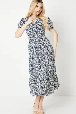 Navy Floral Tiered Hem Shirt Dress