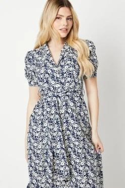 Navy Floral Tiered Hem Shirt Dress