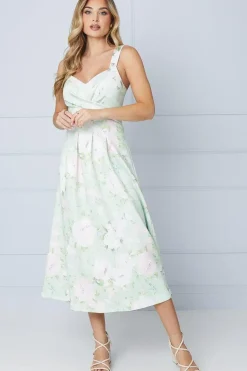 Navy Floral Twist Front Scuba Midi Dresss