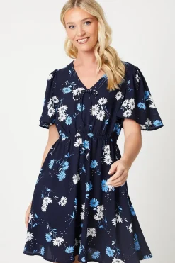 Navy Floral V Neck Tie Front Mini Dress