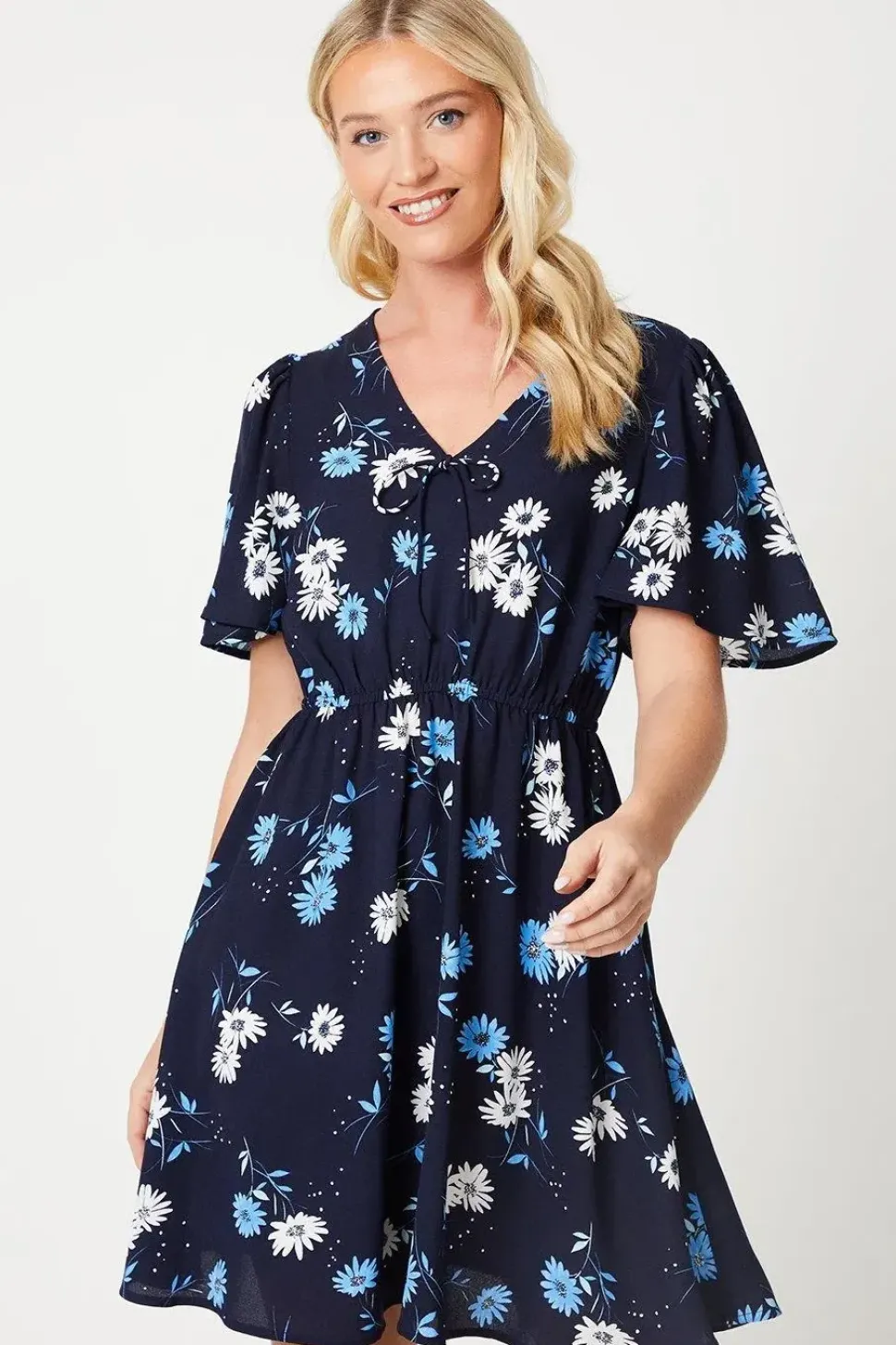 Navy Floral V Neck Tie Front Mini Dress