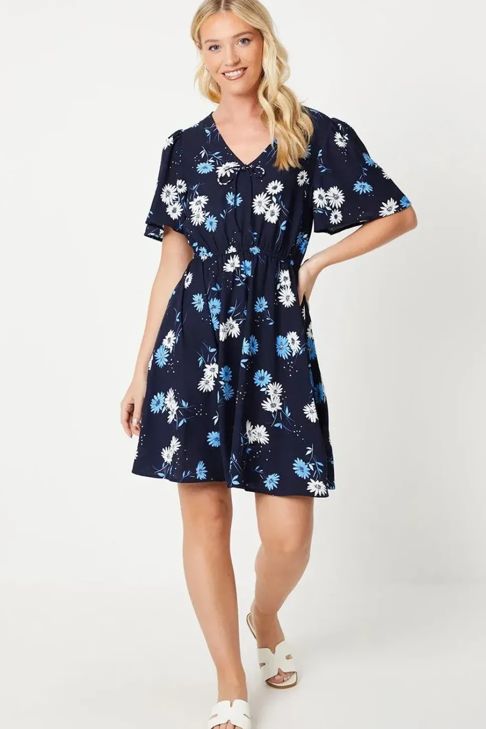 Navy Floral V Neck Tie Front Mini Dress