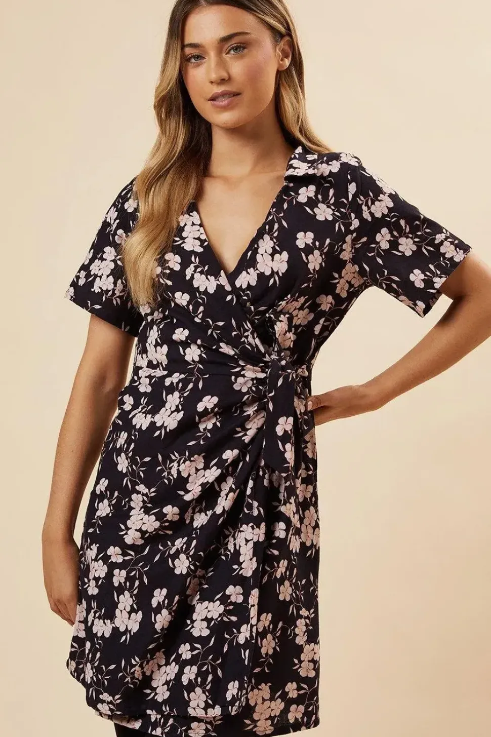Navy Floral Wrap Mini Dress