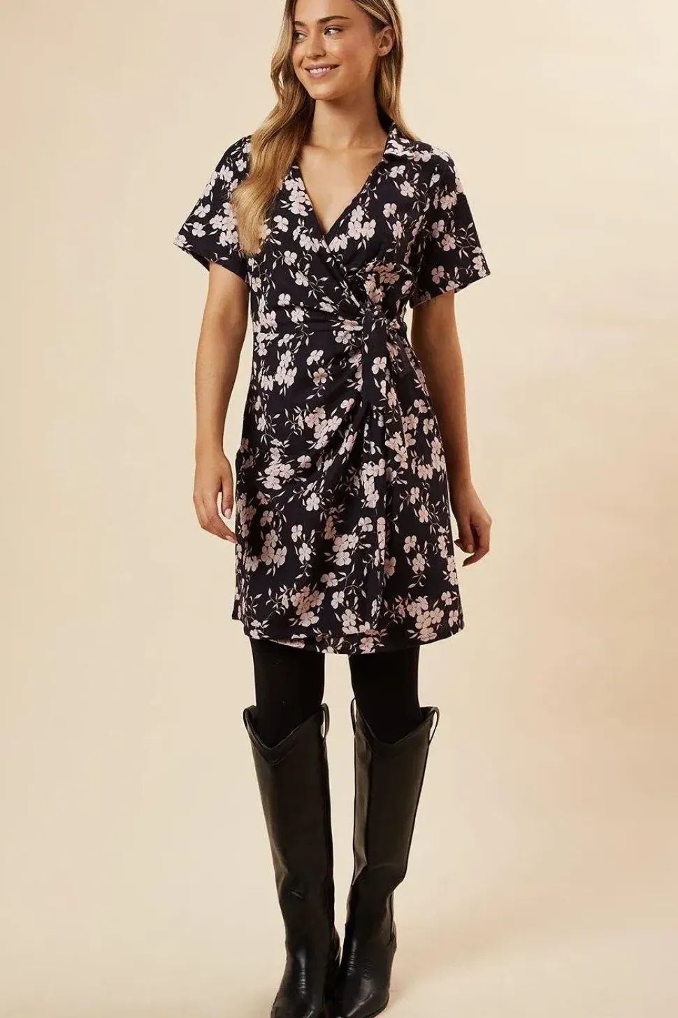 Navy Floral Wrap Mini Dress