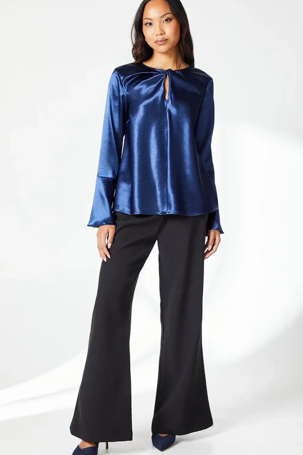 Navy Keyhole Detail Satin Top