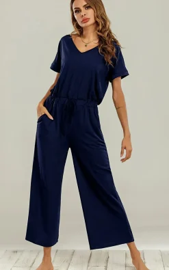 Navy Loose Jumpsuit With Short Sleeve