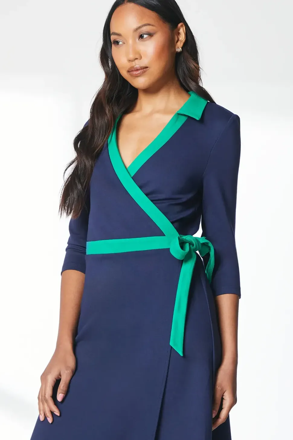 Navy Ponte Contrast Wrap Dress
