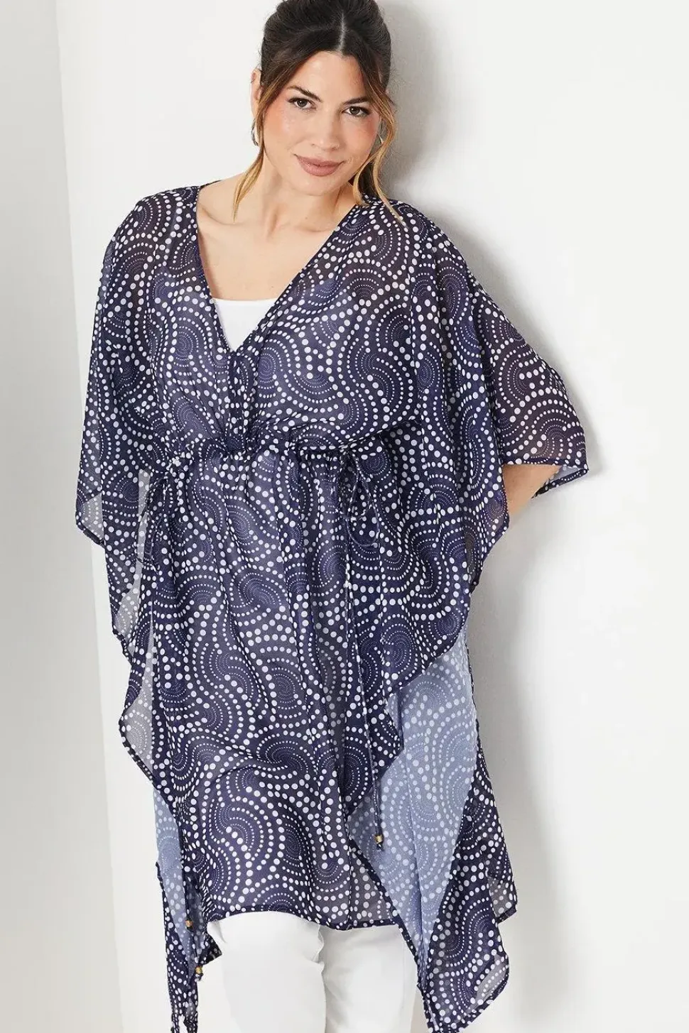 Navy Spot Chiffon Kaftan Dress