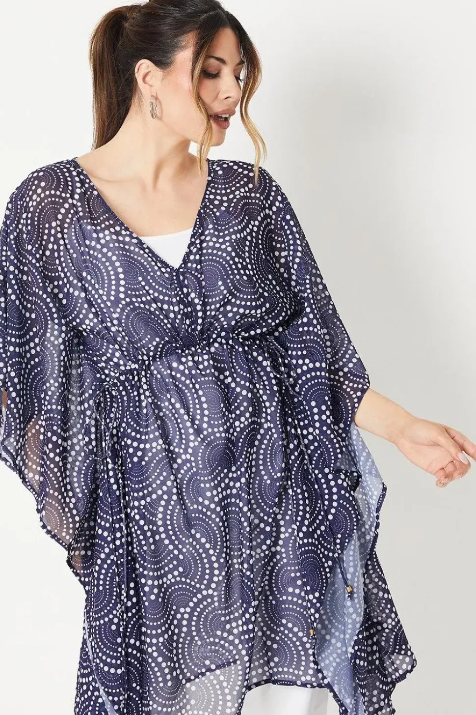 Navy Spot Chiffon Kaftan Dress