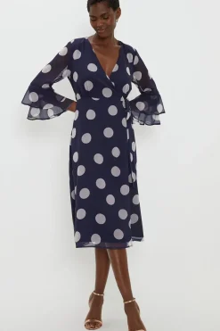 Navy Spot Flute Sleeve Wrap Dress