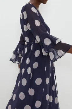 Navy Spot Flute Sleeve Wrap Dress